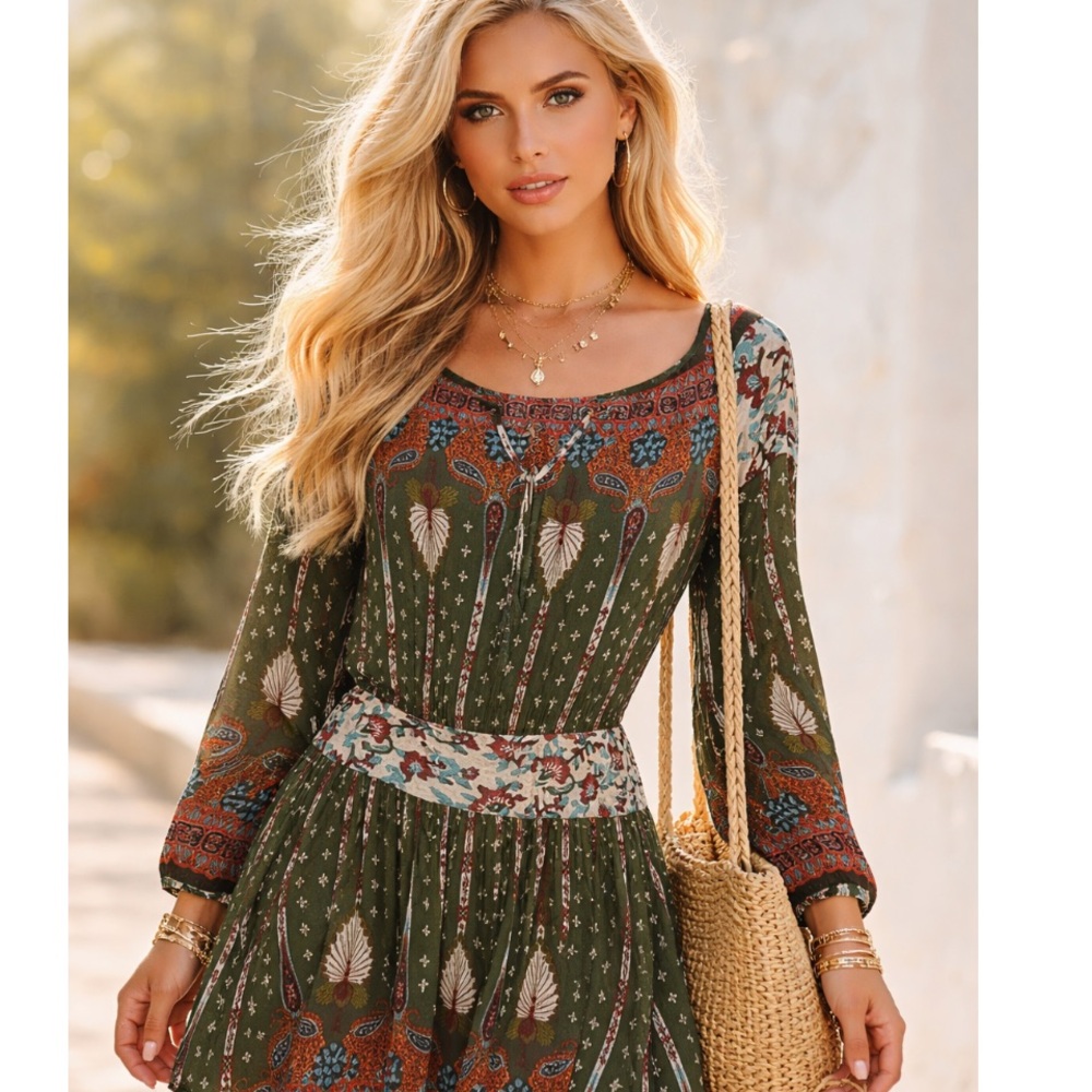FARM Rio Olive Green & Rust Paisley Mini Dress